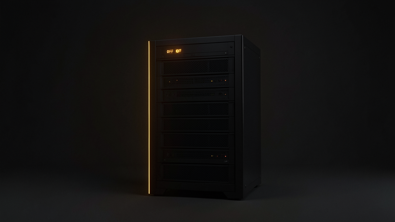 A large remote cloud server switched off by a dark power switch, access revoked overnight.