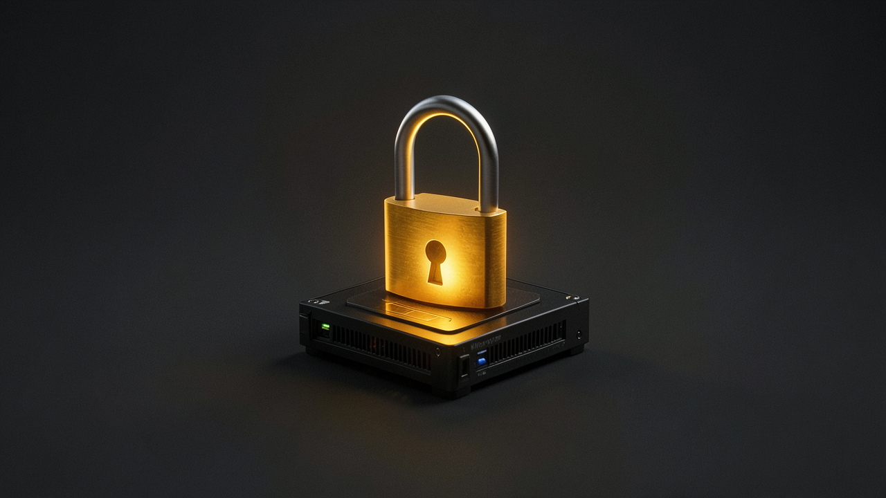 An open padlock of light over a small home server, a model you own and run locally.